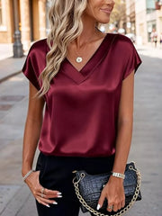 Wine Red Luxe Satin V-neck Short Sleeve Shirt with a draped neckline.