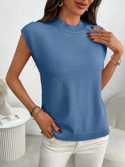 Dusty blue ribbed knit sleeveless mock neck top with a relaxed fit.