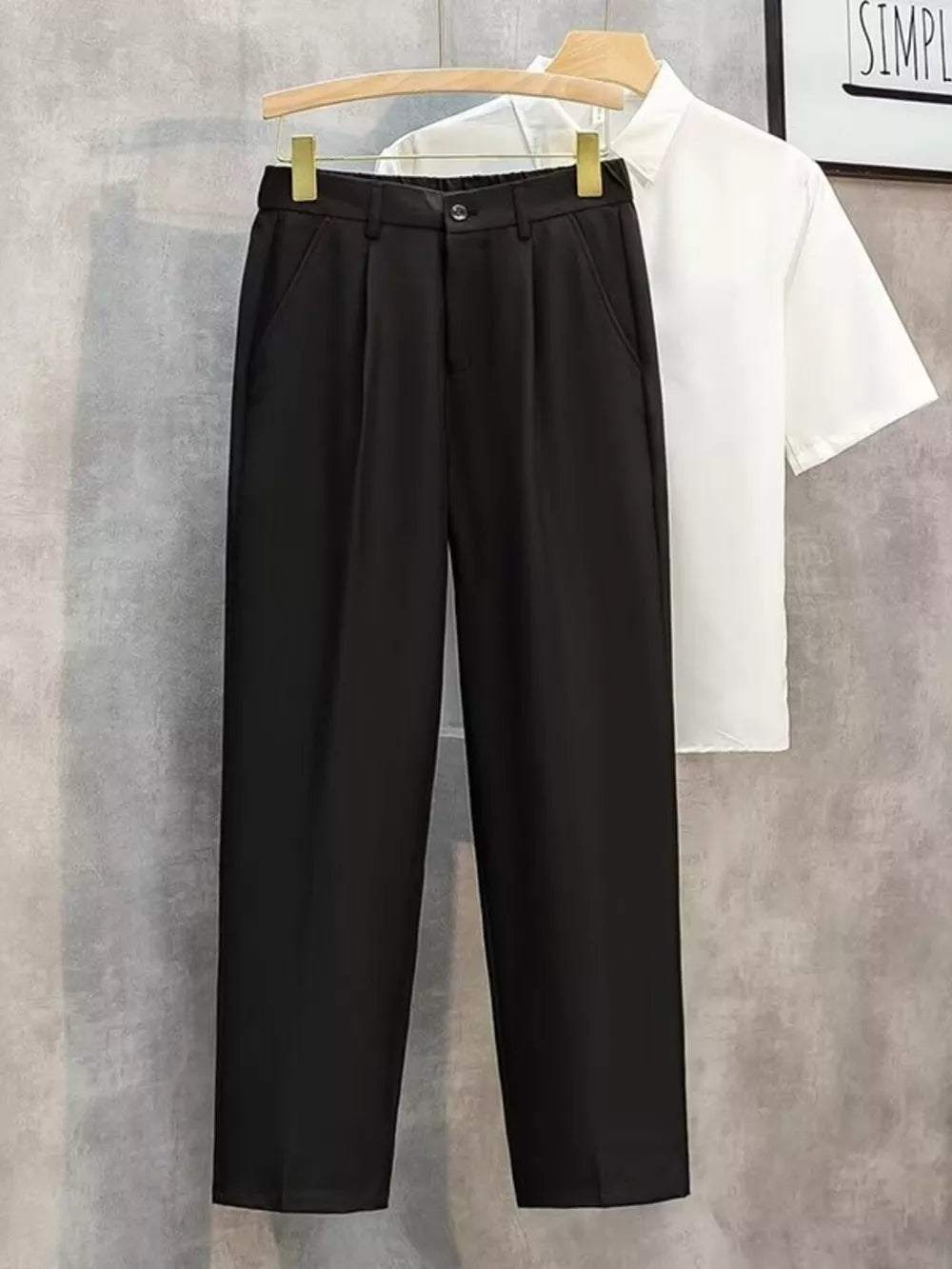 Black straight-leg cargo pants with button closure and front pockets.