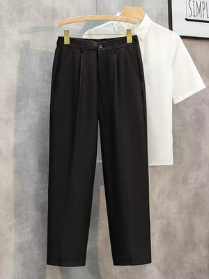 Black straight-leg cargo pants with button closure and front pockets.