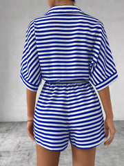 Striped Button Front Half Sleeve Romper in Dark Blue, alternate angle