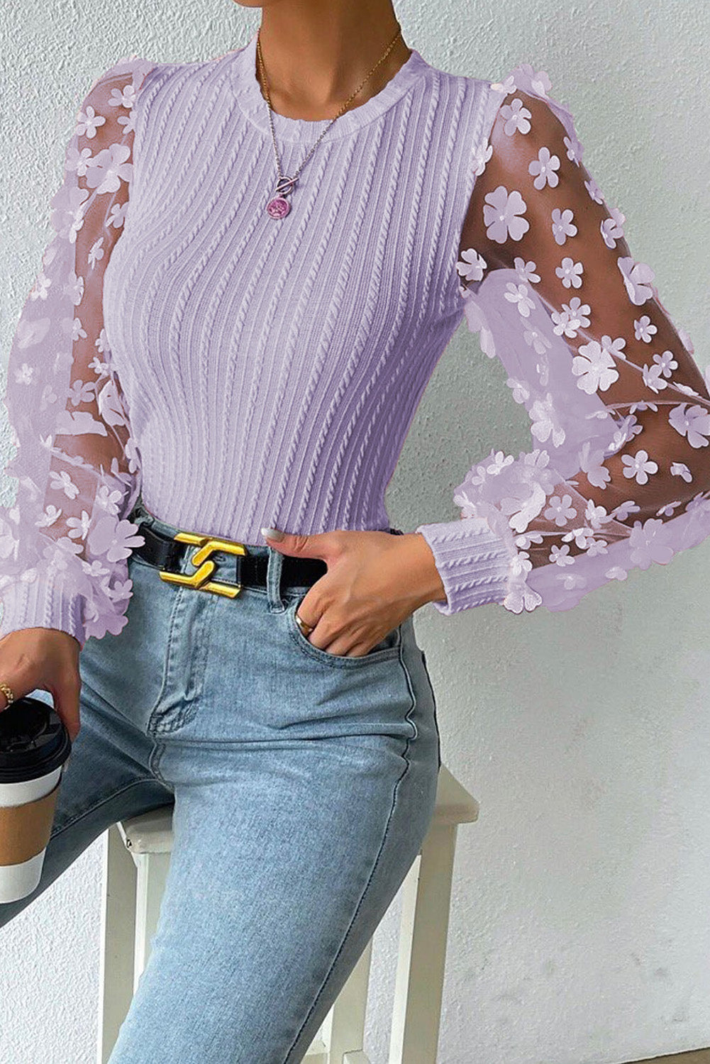 Lavender knit top with sheer floral appliqué sleeves and crew neck.
