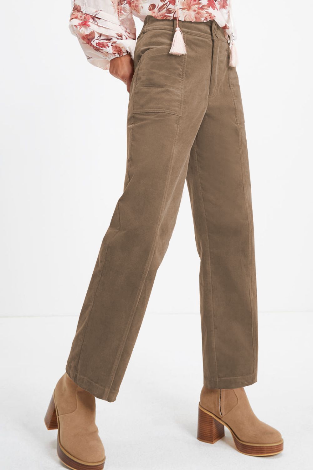 Seamed front wide leg trousers in taupe corduroy with patch pockets.