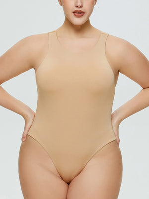 Tan sculpted tank bodysuit with high-cut legs and a smooth finish.