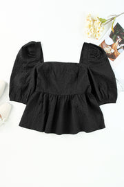 Black textured peplum blouse with square neck and petal puff sleeves