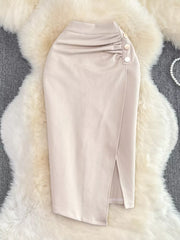 Ruched Slit Skirt in Apricot, front view