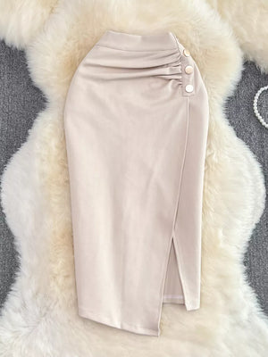 Ruched Slit Skirt in Apricot, front view