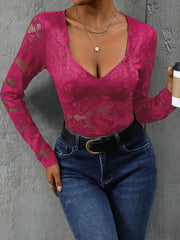 Hot Pink lace bodysuit with long sleeves and a deep V-neckline.
