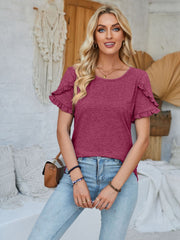 Flutter sleeve tee in deep purple with ruffled sleeves and a scoop neckline.