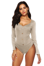 Beige ribbed button-down bodysuit with long sleeves and square neckline