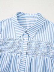 Blue and white striped button-down shirt with shirred bodice and collar detail.