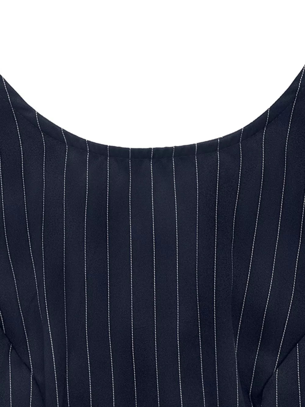 Navy striped tie-waist a-line dress with scoop neckline