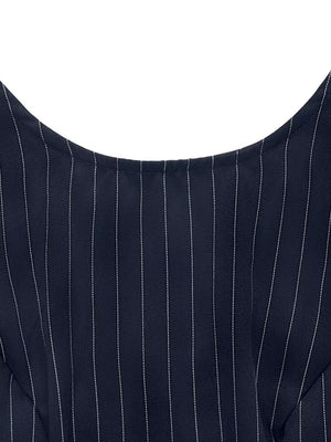 Navy striped tie-waist a-line dress with scoop neckline