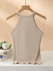 Camel ribbed halter tank top with built-in bra and lettuce hem