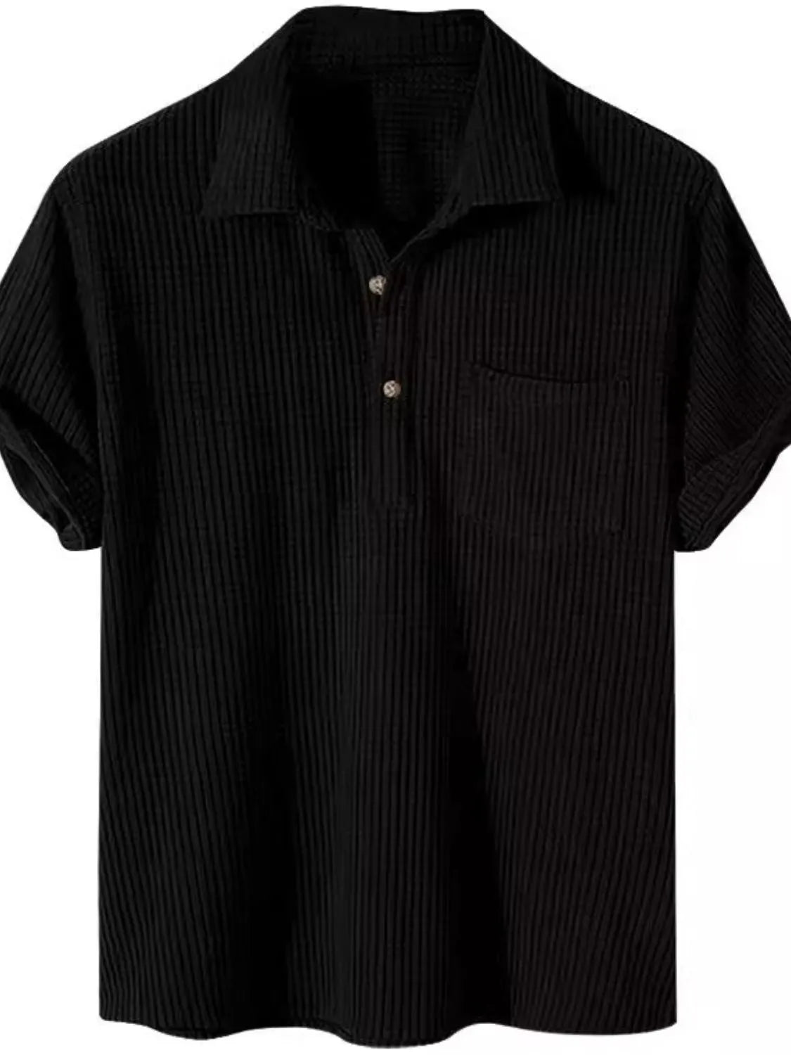 Black ribbed polo shirt with rolled sleeves and chest pocket