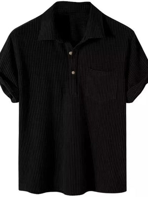 Black ribbed polo shirt with rolled sleeves and chest pocket