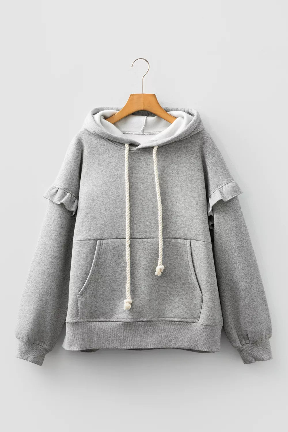 Contrast Rope Drawstring Ruffle Hoodie in Gray, close-up detail