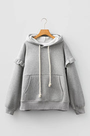 Contrast Rope Drawstring Ruffle Hoodie in Gray, close-up detail