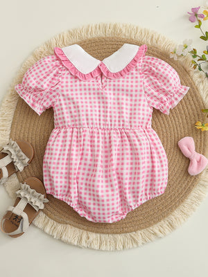 Pink gingham baby romper with white ruffled collar and puff sleeves