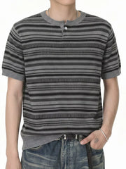 Textured grey henley t-shirt with black horizontal stripes and a button placket.