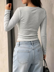 Button Detail Long Sleeve T-shirt in Gray, back view