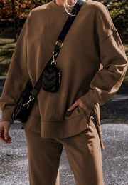 Relaxed fit coffee brown loungewear set with side slits on the top.