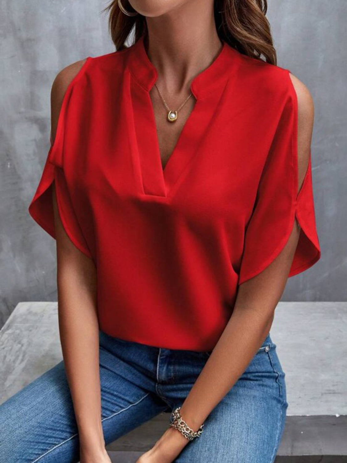 Deep Red open-shoulder blouse with mandarin collar and V-neckline.