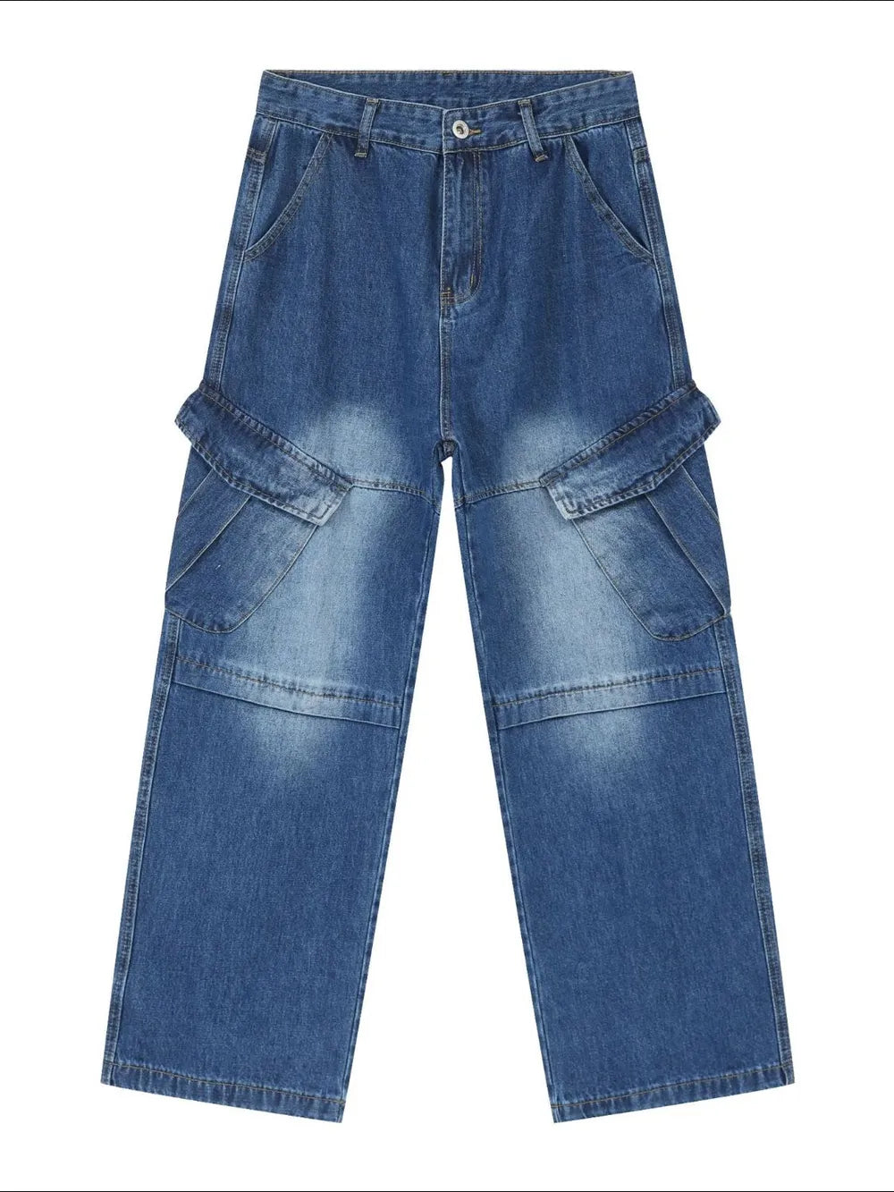 Cargo denim flare trousers in medium wash with dual flap pockets and a relaxed fit.