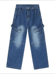 Cargo denim flare trousers in medium wash with dual flap pockets and a relaxed fit.