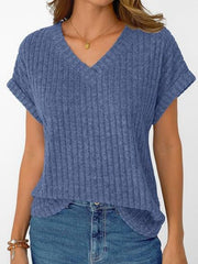 Blue ribbed v-neck t-shirt with cuffed short sleeves and a relaxed fit.