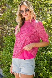 Pink lace puff sleeve mock neck blouse with a cami layer