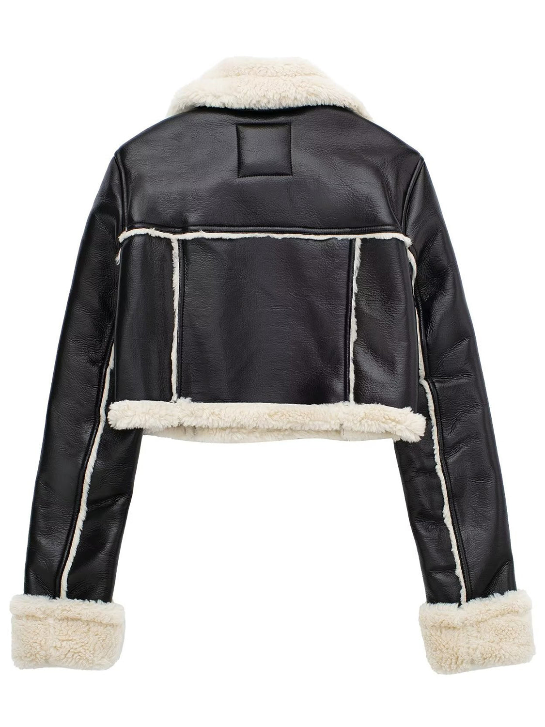 Black cropped aviator jacket with white shearling trim and collar.