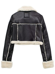 Black cropped aviator jacket with white shearling trim and collar.