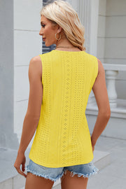 Yellow sleeveless V-neck top with eyelet detail and scalloped trim