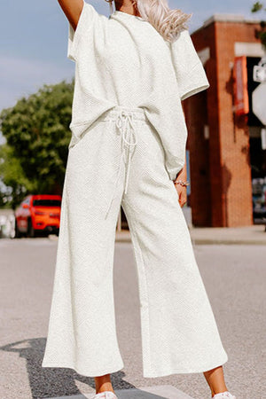 White textured knit tee and wide leg pants set with drawstring waist