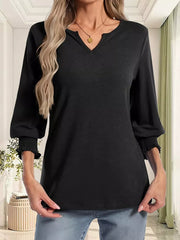 Black maternity t-shirt with notched neckline and ruched 3/4 sleeves.