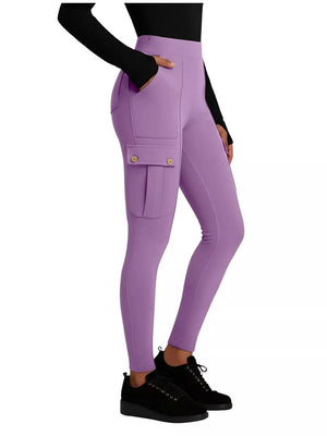 Purple maternity active pants with cargo pockets and button details