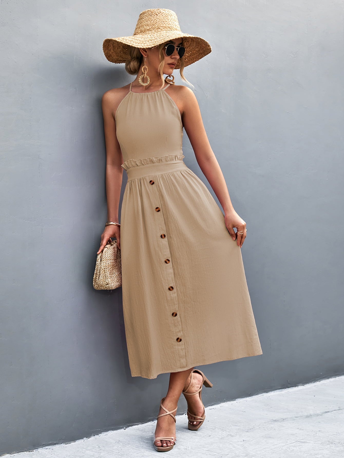 Khaki button-down midi dress with halter neck and ruffled waist detail.