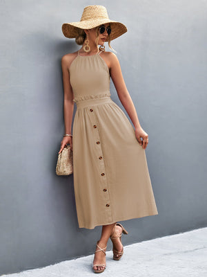 Khaki button-down midi dress with halter neck and ruffled waist detail.