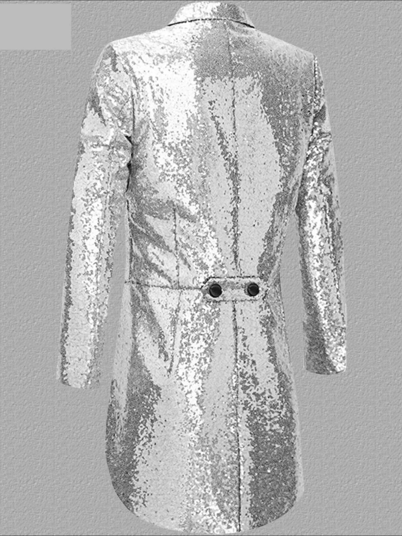 Men's silver sequin tailcoat blazer with double black buttons at the waist.