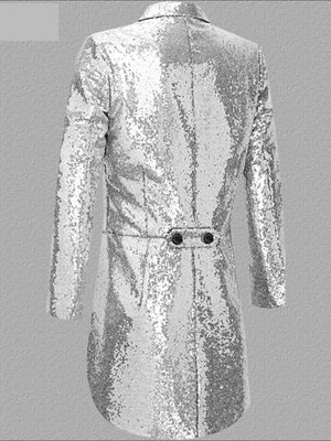 Men's silver sequin tailcoat blazer with double black buttons at the waist.