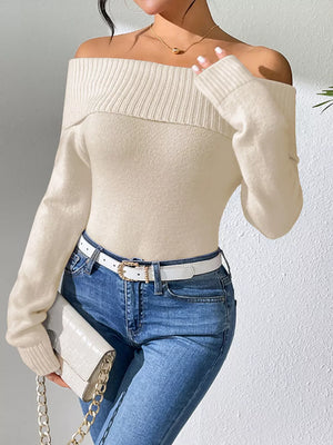 Ribbed Knit Off Shoulder Sweater in Beige, front view