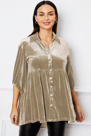 Tiered velvet button-down tunic in Dust Storm with gathered waist and elbow-length sleeves.