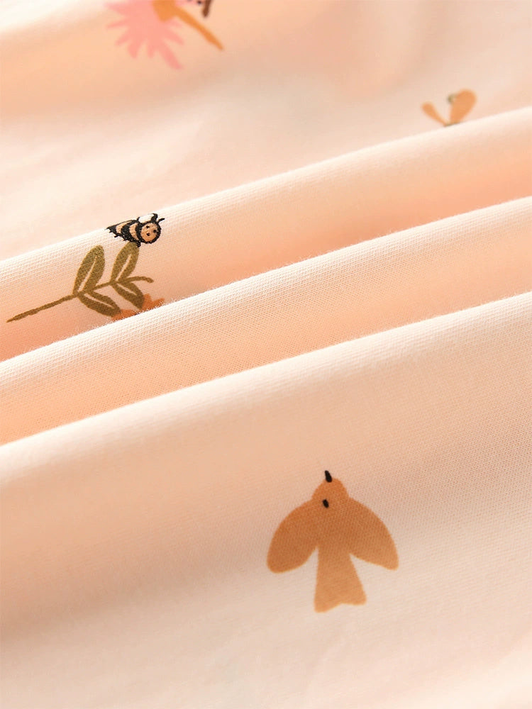 Peach cotton blend toddler pajamas with bee and bird print