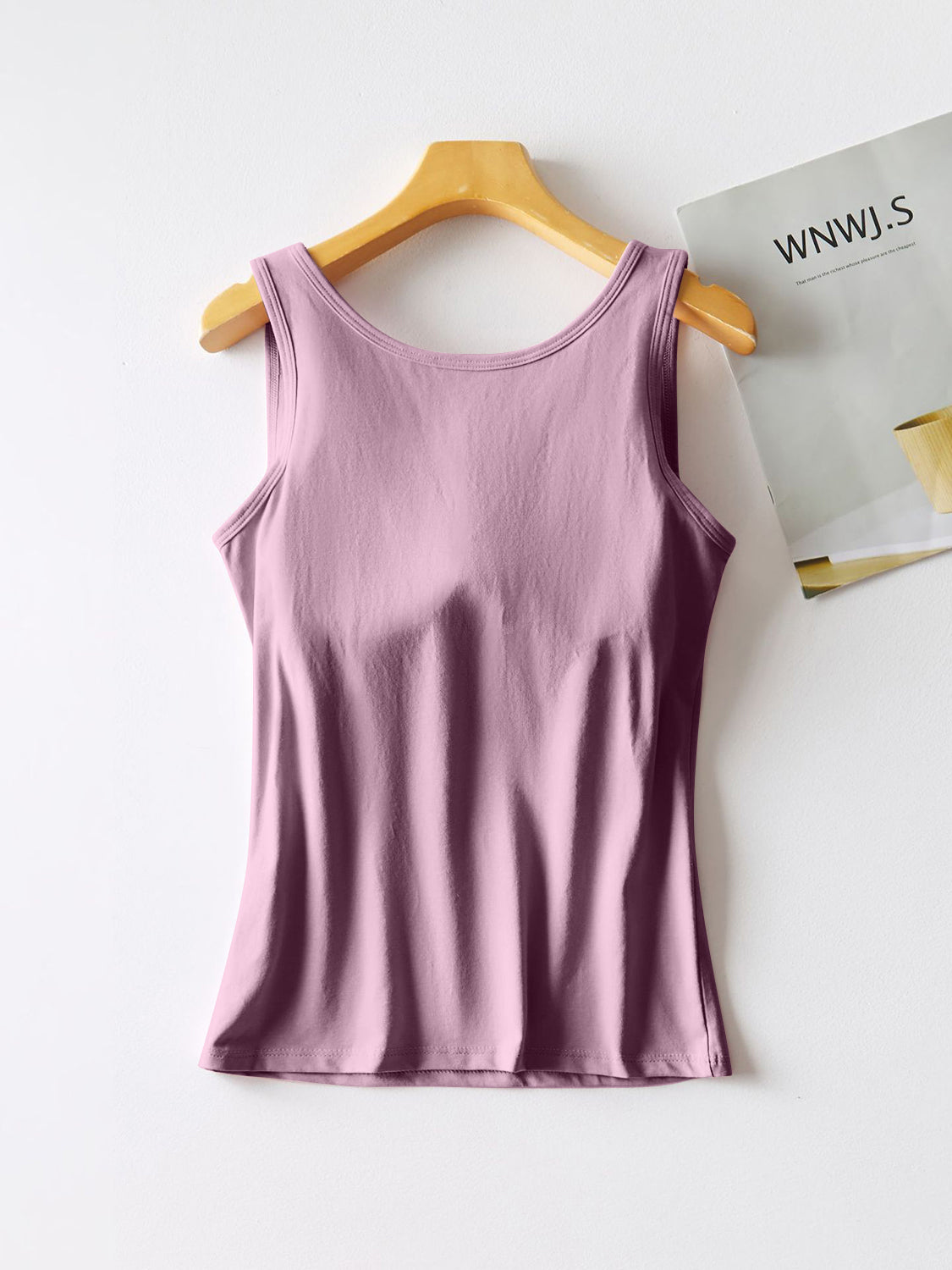 Lilac built-in support tank top with scoop neckline and racerback detail.