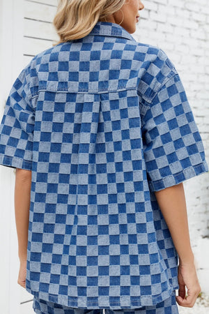 Boxy denim shirt in medium blue checkered pattern with short sleeves and a casual fit.