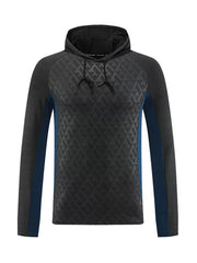 Men's dark gray geometric print hooded sweatshirt with blue side panels