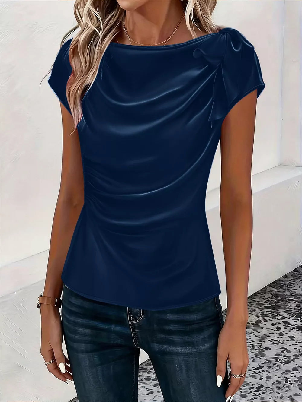 Ruched Short Sleeve Satin Top in Brown, fabric detail