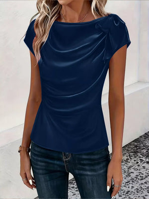 Ruched Short Sleeve Satin Top in Brown, fabric detail