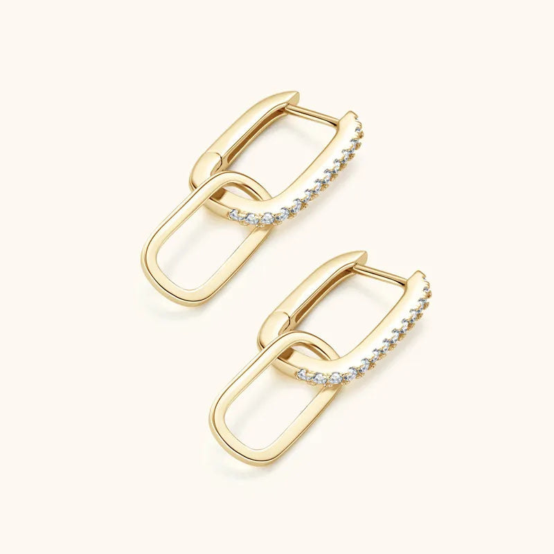 Gold geometric moissanite drop earrings with link design and pavé stones